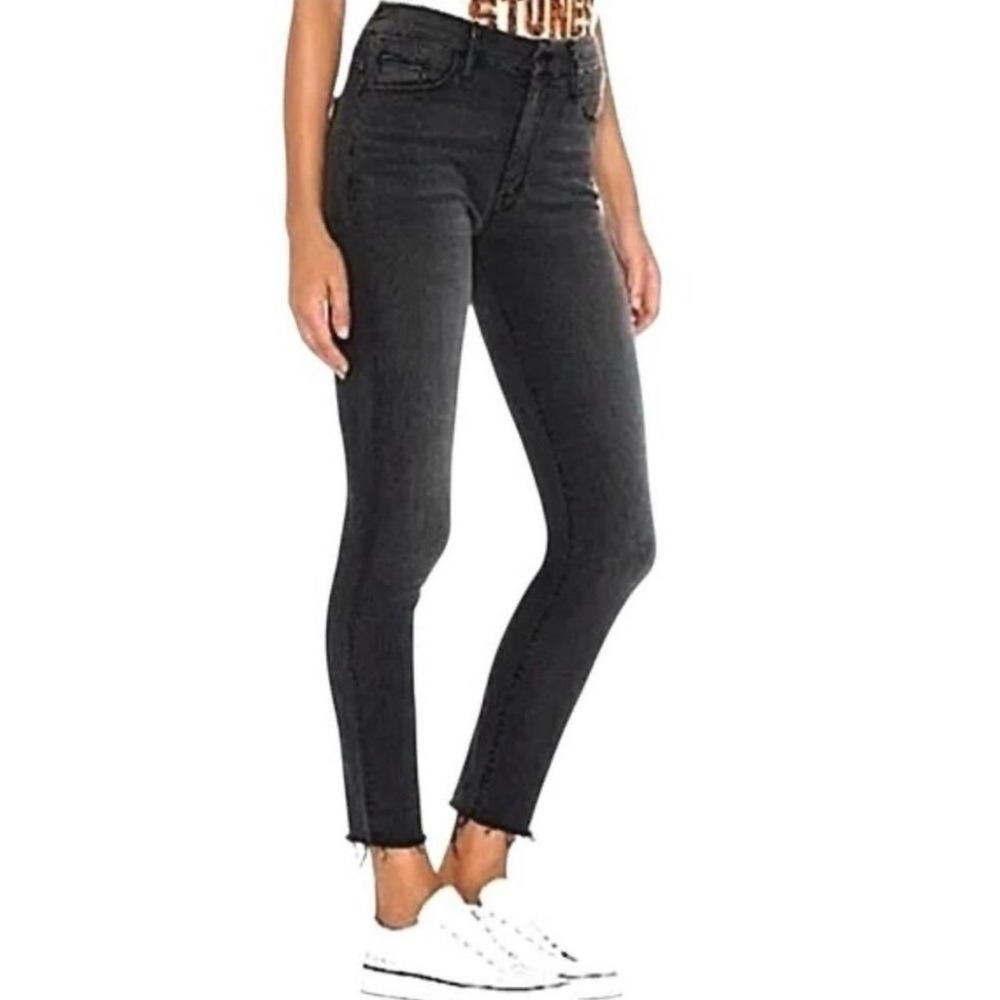 Mother Looker Ankle Fray Jeans Blackbird Skinny Raw Hem Size 27 Black Denim